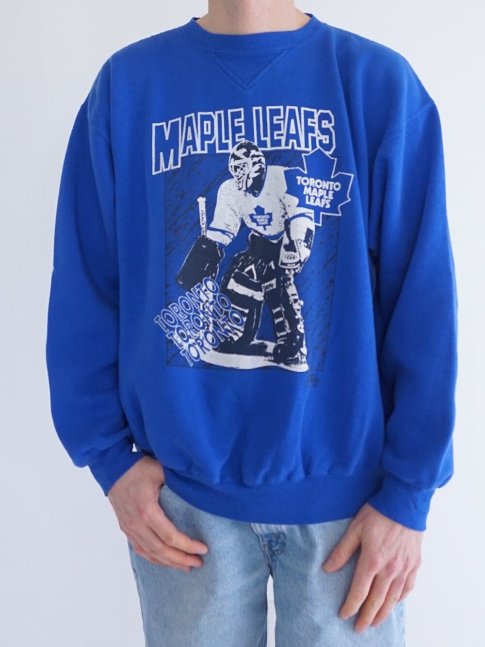Vintage '93 NHL Blue Toronto Maple Leafs Hockey Goalie Fan Sweatshirt Canada XL